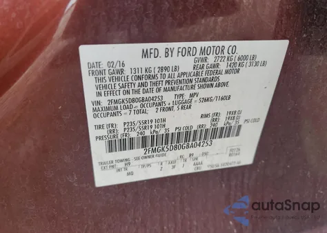 2016 Ford Flex Limited из США, поврежденный, VIN 2FMGK5D80GBA04253